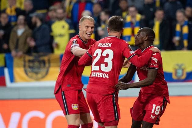 Adam Hlozek (Bayer 04 Leverkusen, 22), Mitchel Bakker (Bayer 04 Leverkusen, 05), Moussa Diaby (Bayer 04 Leverkusen, 19) jubeln ueber das Tor zum 1:4, BEL, Royal Union Saint Gilloise vs. Bayer 04 Leverkusen, Fussball UEFA Europa League, Viertelfinale Rueckspiel, Spielzeit 2022 2023, 20.04.2023 BEL, Royal Union Saint Gilloise vs. Bayer 04 Leverkusen, Fussball UEFA Europa League, Viertelfinale Rueckspiel, Spielzeit 2022 2023, 20.04.2023 Anderlecht Copyright: xEibner-Pressefoto Memmlerx EP_MMR