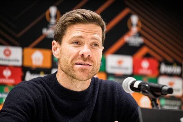 UEFA Europa League Viertelfinale: Royale Union Saint Gilloise - Bayer 04 Leverkusen Xabi Alonso (Trainer Bayer 04 Leverkusen) in der Pressekonferenz UEFA Europa League Viertelfinale: Royale Union Saint Gilloise - Bayer 04 Leverkusen, Bruessel, Anderlecht Stadium Copyright: xBEAUTIFULxSPORTS Wunderlx