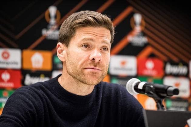 UEFA Europa League Viertelfinale: Royale Union Saint Gilloise - Bayer 04 Leverkusen Xabi Alonso (Trainer Bayer 04 Leverkusen) in der Pressekonferenz UEFA Europa League Viertelfinale: Royale Union Saint Gilloise - Bayer 04 Leverkusen, Bruessel, Anderlecht Stadium Copyright: xBEAUTIFULxSPORTS Wunderlx