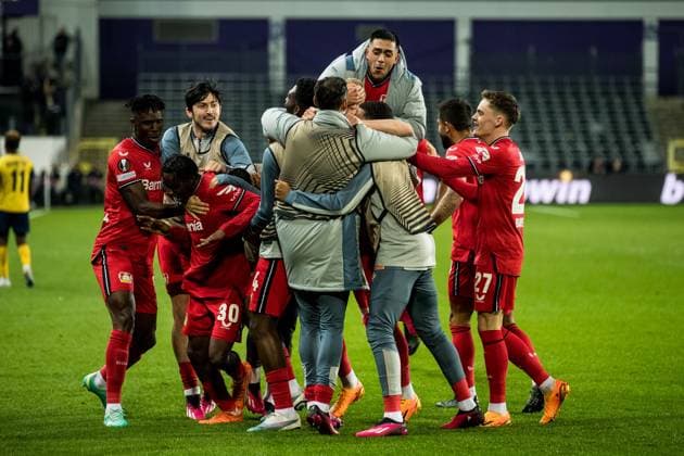 UEFA Europa League Viertelfinale: Royale Union Saint Gilloise - Bayer 04 Leverkusen Jubel zum 0:3 durch Jeremie Frimpong (Bayer 04 Leverkusen, 30) UEFA Europa League Viertelfinale: Royale Union Saint Gilloise - Bayer 04 Leverkusen, Bruessel, Anderlecht Stadium Copyright: xBEAUTIFULxSPORTS Wunderlx