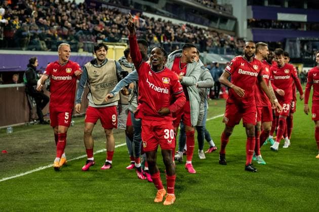 UEFA Europa League Viertelfinale: Royale Union Saint Gilloise - Bayer 04 Leverkusen Jubel zum 0:3 durch Jeremie Frimpong (Bayer 04 Leverkusen, 30) UEFA Europa League Viertelfinale: Royale Union Saint Gilloise - Bayer 04 Leverkusen, Bruessel, Anderlecht Stadium Copyright: xBEAUTIFULxSPORTS Wunderlx
