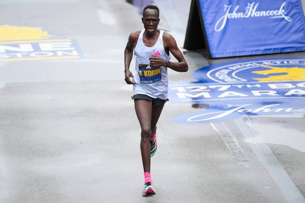 BOSTON, MA - APRIL 17: Albert Korir of Kenya approaches the finish line of the 127th Boston Marathon on April 17, 2023 on Boylston Street in Boston, MA. (Photo by Erica Denhoff Icon Sportswire) MARATHON: APR 17 127th Boston Marathon EDITORIAL USE ONLY Icon230417126