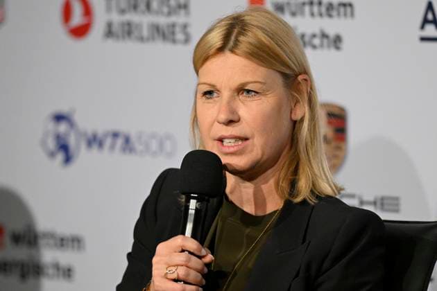 Pressekonferenz PK mit Sportliche Leiterin Anke Huber Tennis Damen Porsche-Cup Porsche Tennis Grand Prix GP Stuttgart 2023 Finale Porsche Arena 23.04.2022 DFL REGULATIONS PROHIBIT ANY USE OF PHOTOGRAPHS AS IMAGE SEQUENCES AND OR QUASI-VIDEO Porsche Tennis Grand Prix GP Stuttgart 2023