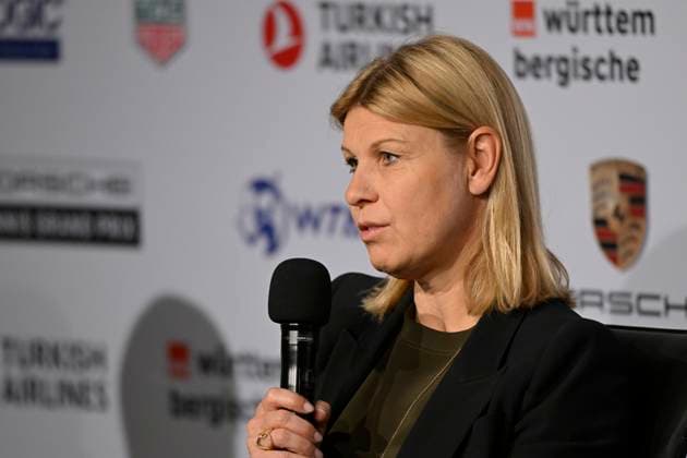 Pressekonferenz PK mit Sportliche Leiterin Anke Huber Tennis Damen Porsche-Cup Porsche Tennis Grand Prix GP Stuttgart 2023 Finale Porsche Arena 23.04.2022 DFL REGULATIONS PROHIBIT ANY USE OF PHOTOGRAPHS AS IMAGE SEQUENCES AND OR QUASI-VIDEO Porsche Tennis Grand Prix GP Stuttgart 2023