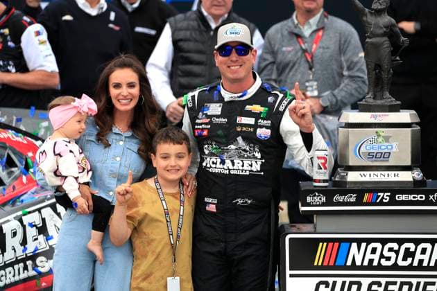 TALLADEGA, AL - APRIL 23: Kyle Busch ( 8 McLaren Custom Grills Richard Childress Racing Chevrolet) with wife Samantha, son Brexton and daughter Lennix after winning the NASCAR, Motorsport, USA Cup Series GEICO 500 on April 23, 2023 at Talladega SuperSpeedway in Talladega, AL. (Photo by Jeff Robinson Icon Sportswire) AUTO: APR 23 NASCAR Cup Series GEICO 500 EDITORIAL USE ONLY Icon2304235004909