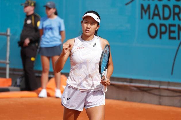 Moyuka Uchijima (JPN), APRIL 24, 2023 - Tennis : Moyuka Uchijima celebrate after take the point during singles qualifying 1st round match against Anna-Lena Friedsam on the WTA, Tennis Damen 1000 tournaments Mutua Madrid Open tennis tournament at the Caja Magica in Madrid, Spain. Noxthirdxpartyxsales  (216753788)