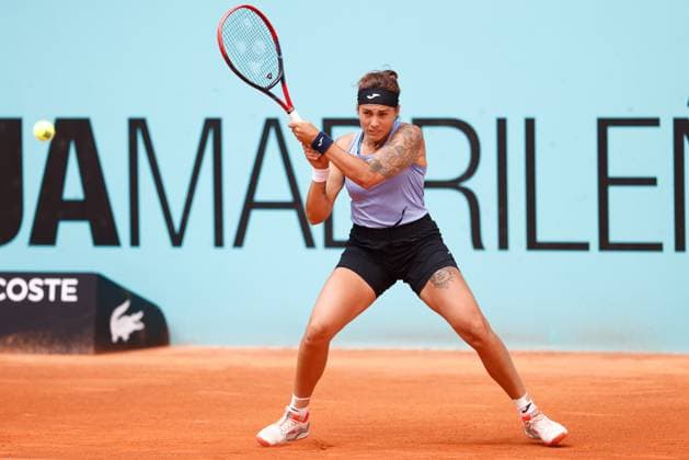 April 25, 2023, MADRID, MADRID, SPAIN: Aliona Bolsova of Spain in action against Magdalena Frech of Poland during the Mutua Madrid Open 2023 celebrated at Caja Magica on March 25, 2023 in Madrid, Spain. MADRID SPAIN - ZUMAa181 20230425_zaa_a181_065 Copyright: xOscarxJ.xBarrosox