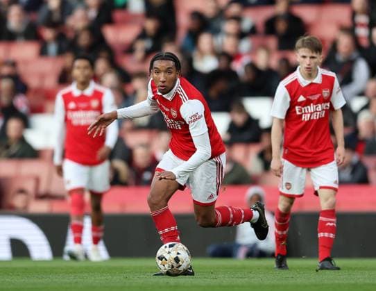 London, England, 25th April 2023. Bradley Ibrahim of Arsenal during the The FA Youth Cup match at the Emirates Stadium, London. Picture credit should read: David Klein Sportimage EDITORIAL USE ONLY. No use with unauthorised audio, video, data, fixture lists, club league logos or live services. Online in-match use limited to 120 images, no video emulation. No use in betting, games or single club league player publications. SPI-2389-0148