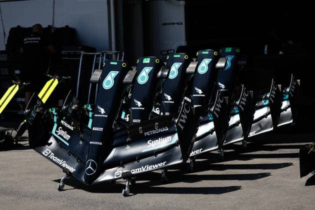 Mercedes-AMG F1 W14 E Performance front wing, F1 Grand Prix of Azerbaijan at Baku City Circuit on April 27, 2023 in Baku, Azerbaijan. (Photo by HOCH ZWEI) Baku Azerbaijan