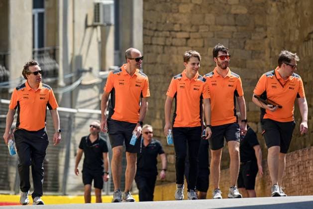 Azerbaijan Motor Formula 1 Preparations 8420372 27.04.2023 Members of McLaren team walk at the track as preparations for the Formula 1 Azerbaijan Grand Prix, the fourth race of the season, continue at Baku City Circuit in Baku, Azerbaijan. Murad Orujov Sputnik Baku Azerbaijan  Copyright: xMuradxOrujovx