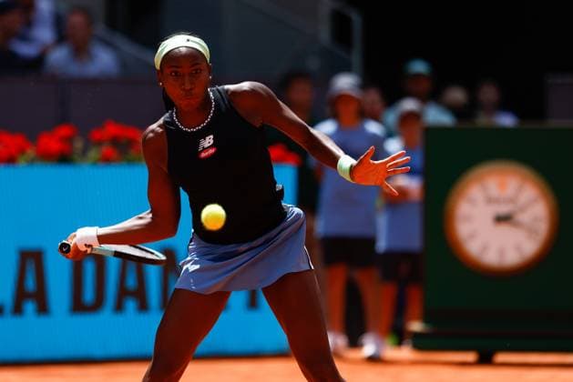 April 27, 2023, MADRID, MADRID, SPAIN: Coco Gauff of United States in action against Irene Burillo of Spain during the Mutua Madrid Open 2023 celebrated at Caja Magica on March 27, 2023 in Madrid, Spain. MADRID SPAIN - ZUMAa181 20230427_zaa_a181_084 Copyright: xOscarxJ.xBarrosox