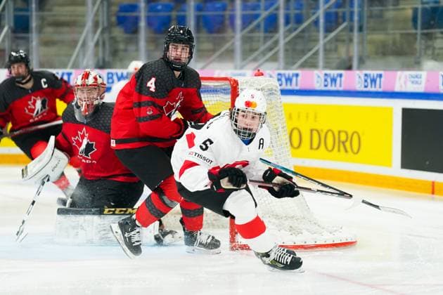 27.04.2023, Basel, St. Jakob Arena, IIHF Ice hockey, Eishockey U18 World Championship, WM, Weltmeisterschaft Canada vs Switzerland, 5 Leo Braillard (Switzerland) after a missed chance Basel St. Jakob Arena Basel Switzerland Copyright: xJustPictures.ch DanielaxPorcellix