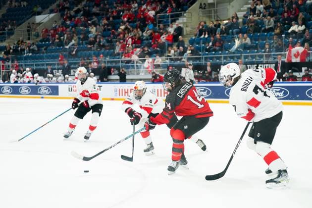27.04.2023, Basel, St. Jakob Arena, IIHF Ice hockey, Eishockey U18 World Championship, WM, Weltmeisterschaft Canada vs Switzerland, 8 Rico Gredig (Switzerland) against 14 Andrew Cristall (Canada) Basel St. Jakob Arena Basel Switzerland Copyright: xJustPictures.ch DanielaxPorcellix