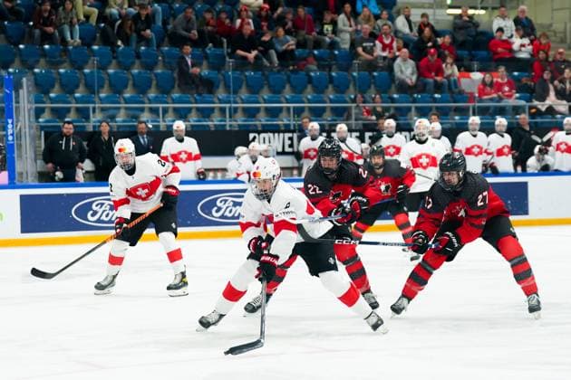 27.04.2023, Basel, St. Jakob Arena, IIHF Ice hockey, Eishockey U18 World Championship, WM, Weltmeisterschaft Canada vs Switzerland, 8 Rico Gredig (Switzerland) in action Basel St. Jakob Arena Basel Switzerland Copyright: xJustPictures.ch DanielaxPorcellix