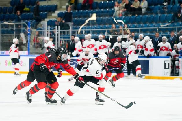 27.04.2023, Basel, St. Jakob Arena, IIHF Ice hockey, Eishockey U18 World Championship, WM, Weltmeisterschaft Canada vs Switzerland, 27 Simon Meier (Switzerland) goes forward Basel St. Jakob Arena Basel Switzerland Copyright: xJustPictures.ch DanielaxPorcellix