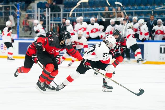 27.04.2023, Basel, St. Jakob Arena, IIHF Ice hockey, Eishockey U18 World Championship, WM, Weltmeisterschaft Canada vs Switzerland, 27 Simon Meier (Switzerland) goes forward Basel St. Jakob Arena Basel Switzerland Copyright: xJustPictures.ch DanielaxPorcellix