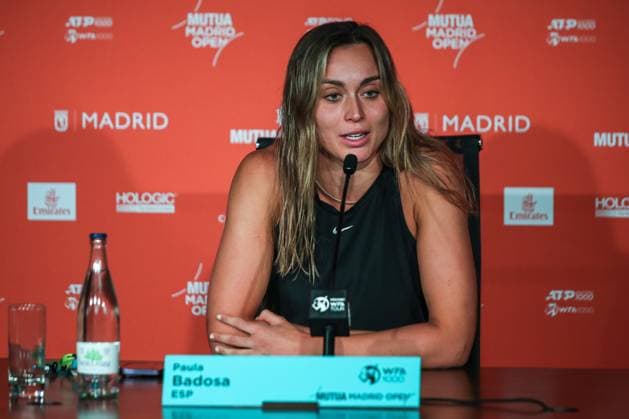 April 27, 2023, MADRID, MADRID, SPAIN: Paula Badosa of Spain during press conference, PK, Pressekonferenz during the Mutua Madrid Open 2023 celebrated at Caja Magica on April 27, 2023 in Madrid, Spain. MADRID SPAIN - ZUMAa181 20230427_zaa_a181_157 Copyright: xIrinaxR.xHipolitox