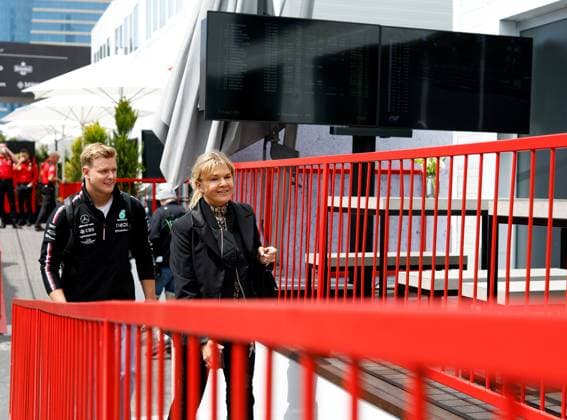 Mick Schumacher (DEU, Mercedes-AMG Petronas F1 Team) and his mother Corinna Schumacher, F1 Grand Prix of Azerbaijan at Baku City Circuit on April 28, 2023 in Baku, Azerbaijan. (Photo by HOCH ZWEI) Baku Azerbaijan