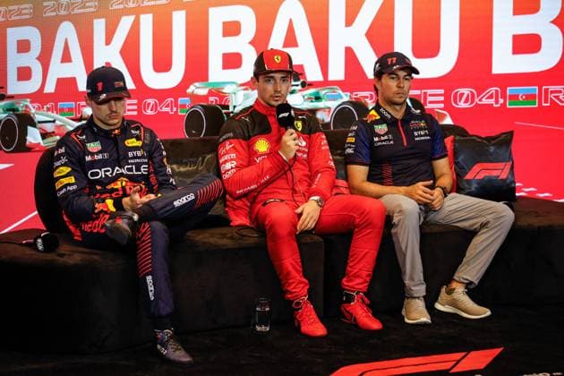 1 Max Verstappen (NLD, Oracle Red Bull Racing), 16 Charles Leclerc (MCO, Scuderia Ferrari), 11 Sergio Perez (MEX, Oracle Red Bull Racing), F1 Grand Prix of Azerbaijan at Baku City Circuit on April 28, 2023 in Baku, Azerbaijan. (Photo by HOCH ZWEI) Baku Azerbaijan
