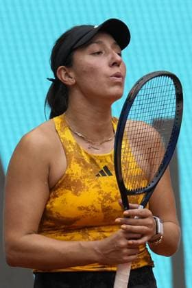 Jessica Pegula reacts during her second round match against Magdalena Frech of Poland on day five of the Mutua Madrid Open at the Caja Magica stadium, in Madrid, Spain, on Friday, April 28, 2023.  PDH20230428055 PaulxHanna