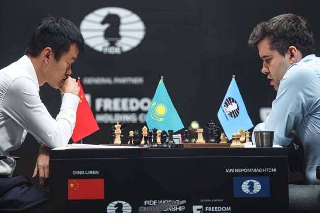 Sport Themen der Woche KW17 KAZAKHSTAN, ASTANA - APRIL 29, 2023: China s chess grandmaster Ding Liren (L) and Russia s chess grandmaster Ian Nepomniachtchi play Game 14 as part of the 2023 World Chess Championship at the St Regis Astana Hotel. Sergei Fadeichev TASS  58736355