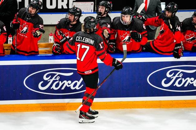 BASEL, SWITZERLAND - APRIL 29: Macklin Celebrini of Canada celebrates his goal during the semi final of U18 Ice hockey, Eishockey World Championship, WM, Weltmeisterschaft match between Sweden and Canada at St. Jakob-Park on April 29, 2023 in Basel, Switzerland. Basel St. Jakob-Park Basel-Stadt Switzerland Copyright: xJustPictures.ch JarixPestelaccix