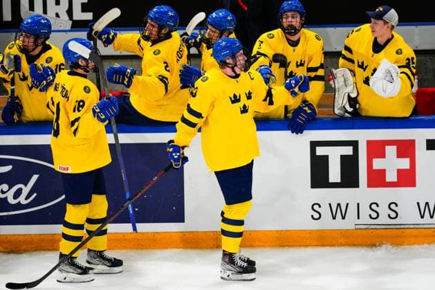 BASEL, SWITZERLAND - APRIL 29: Otto Stenberg of Sweden celebrates his goal during the semi final of U18 Ice hockey, Eishockey World Championship, WM, Weltmeisterschaft match between Sweden and Canada at St. Jakob-Park on April 29, 2023 in Basel, Switzerland. Basel St. Jakob-Park Basel-Stadt Switzerland Copyright: xJustPictures.ch JarixPestelaccix