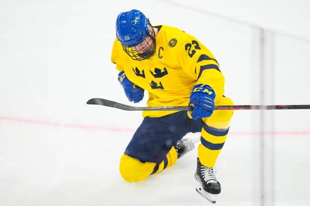 BASEL, SWITZERLAND - APRIL 29: Otto Stenberg of Sweden celebrates his goal during the semi final of U18 Ice hockey, Eishockey World Championship, WM, Weltmeisterschaft match between Sweden and Canada at St. Jakob-Park on April 29, 2023 in Basel, Switzerland. Basel St. Jakob-Park Basel-Stadt Switzerland Copyright: xJustPictures.ch JarixPestelaccix