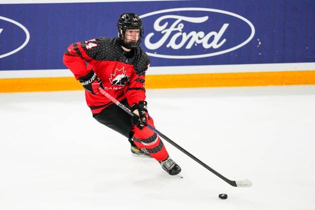 BASEL, SWITZERLAND - APRIL 29: Tristan Bertucci of Canada in action during the semi final of U18 Ice hockey, Eishockey World Championship, WM, Weltmeisterschaft match between Sweden and Canada at St. Jakob-Park on April 29, 2023 in Basel, Switzerland. Basel St. Jakob-Park Basel-Stadt Switzerland Copyright: xJustPictures.ch JarixPestelaccix