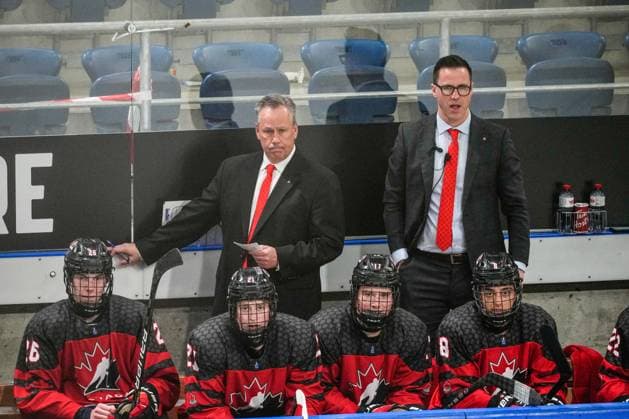 BASEL, SWITZERLAND - APRIL 29: head coach Jeff Truitt of Canada (L) disappointed during the semi final of U18 Ice hockey, Eishockey World Championship, WM, Weltmeisterschaft match between Sweden and Canada at St. Jakob-Park on April 29, 2023 in Basel, Switzerland. Basel St. Jakob-Park Basel-Stadt Switzerland Copyright: xJustPictures.ch JarixPestelaccix