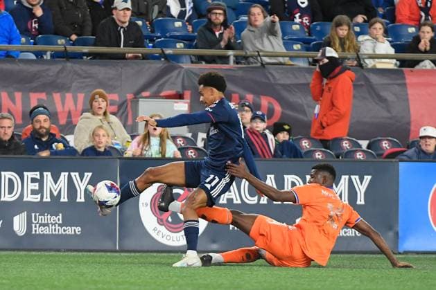 April 29, 2023: New England Revolution forward Dylan Borrero (11) lands awkwardly with FC Cincinnati defender Yerson Mosquera (15)during the first halfin Foxborough Massachusetts. CSM Foxborough USA - ZUMAc04_ 20230429_zaf_c04_093 Copyright: xEricxCanhax