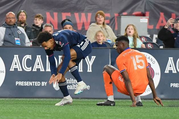 April 29, 2023: New England Revolution forward Dylan Borrero (11) lands awkwardly with FC Cincinnati defender Yerson Mosquera (15)during the first halfin Foxborough Massachusetts. CSM Foxborough USA - ZUMAc04_ 20230429_zaf_c04_094 Copyright: xEricxCanhax