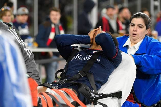 April 29, 2023: New England Revolution forward Dylan Borrero (11) is removed from the pitch by medical staff during the first half against the FC Cincinnati in Foxborough Massachusetts. CSM Foxborough USA - ZUMAc04_ 20230429_zaf_c04_096 Copyright: xEricxCanhax