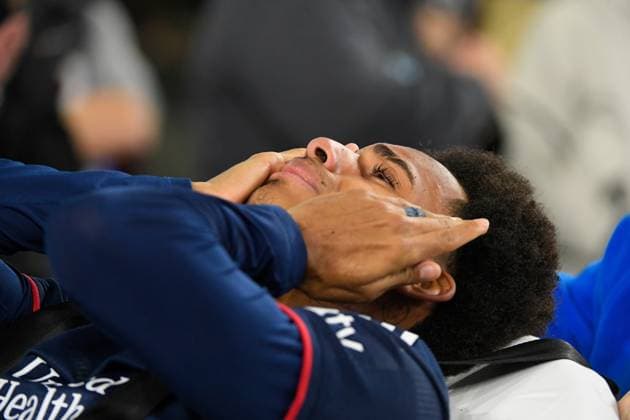 April 29, 2023: New England Revolution forward Dylan Borrero (11) is removed from the pitch by medical staff during the first half against the FC Cincinnati in Foxborough Massachusetts. CSM Foxborough USA - ZUMAc04_ 20230429_zaf_c04_097 Copyright: xEricxCanhax