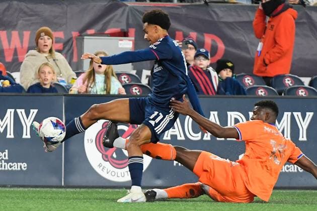 April 29, 2023: New England Revolution forward Dylan Borrero (11) lands awkwardly with FC Cincinnati defender Yerson Mosquera (15)during the first halfin Foxborough Massachusetts. CSM Foxborough USA - ZUMAc04_ 20230429_zaf_c04_117 Copyright: xEricxCanhax