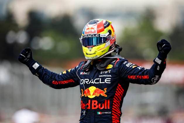 PEREZ Sergio (mex), Red Bull Racing RB19, portrait celebrates the victory during the Formula 1 Azerbaijan Grand Prix 2023, 4th round of the 2023 Formula One World Championship, WM, Weltmeisterschaft from April 28 to 30, 2023 on the Baku City Circuit, in Baku, Azerbaijan - F1 - AZERBAIJAN GRAND PRIX 2023 - RACE DPPI Panoramic  03323006__R3_2817