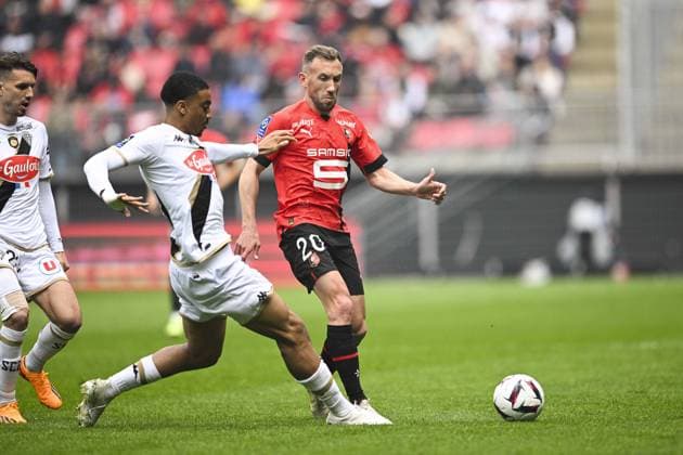 Flavien Tait (Rennes FC) vs Yan Valery (Angers) FOOTBALL : Rennes vs Angers - Ligue 1 - 30 04 2023 JBAutissier Panoramic 