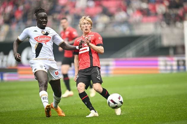 Birger Meling (Rennes FC) vs Batista Mendy (Angers) FOOTBALL : Rennes vs Angers - Ligue 1 - 30 04 2023 JBAutissier Panoramic 