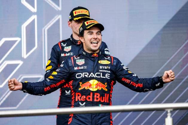 PEREZ Sergio (mex), Red Bull Racing RB19, portrait celebrates his victory, win at the podium during the Formula 1 Azerbaijan Grand Prix 2023, 4th round of the 2023 Formula One World Championship, WM, Weltmeisterschaft from April 28 to 30, 2023 on the Baku City Circuit, in Baku, Azerbaijan - F1 - AZERBAIJAN GRAND PRIX 2023 - RACE DPPI Panoramic  03323006__R3_3081