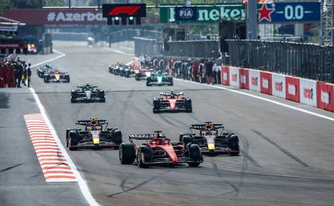 16 Charles Leclerc (MCO, Scuderia Ferrari), 1 Max Verstappen (NLD, Oracle Red Bull Racing), 11 Sergio Perez (MEX, Oracle Red Bull Racing), F1 Grand Prix of Azerbaijan at Baku City Circuit on April 30, 2023 in Baku, Azerbaijan. (Photo by HOCH ZWEI) Baku Azerbaijan