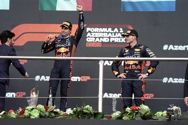 FORMULA 1 AZERBAIJAN GRAND PRIX 2023 30.04.2023, Baku City Circuit , Baku, FORMULA 1 AZERBAIJAN GRAND PRIX 2023 ,im Bild Sieger Sergio Perez (MEX), Oracle Red Bull Racing, 2.Platz für Max Verstappen (NLD), Oracle Red Bull Racing