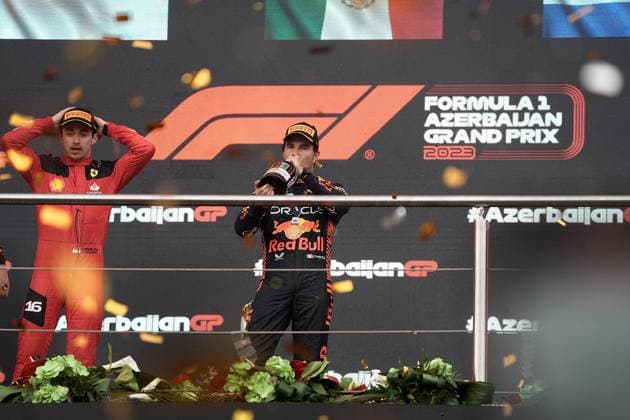 FORMULA 1 AZERBAIJAN GRAND PRIX 2023 30.04.2023, Baku City Circuit , Baku, FORMULA 1 AZERBAIJAN GRAND PRIX 2023 ,im Bild Sieger Sergio Perez (MEX), Oracle Red Bull Racing, 2.Platz für Max Verstappen (NLD), Oracle Red Bull Racing, 3.Platz für Charles Leclerc (MCO), Scuderia Ferrari