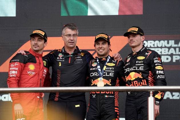 FORMULA 1 AZERBAIJAN GRAND PRIX 2023 30.04.2023, Baku City Circuit , Baku, FORMULA 1 AZERBAIJAN GRAND PRIX 2023 ,im Bild Sieger Sergio Perez (MEX), Oracle Red Bull Racing, 2.Platz für Max Verstappen (NLD), Oracle Red Bull Racing, 3.Platz für Charles Leclerc (MCO), Scuderia Ferrari