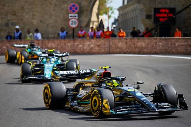 Azerbaijan Motor Formula 1 Grand Prix 8422609 30.04.2023 Mercedes Formula One pilot Lewis Hamilton, of Great Britain, steers his car during the race of Azerbaijan Grand Prix, the fourth round of the Formula One World Championship, WM, Weltmeisterschaft in Baku, Azerbaijan. Murad Orujov Sputnik Baku Azerbaijan  Copyright: xMuradxOrujovx