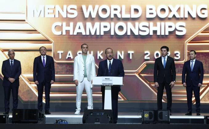 Sport Themen der Woche KW17 UZBEKISTAN, TASHKENT - APRIL 30, 2023: Uzbekistan s Prime Minister Abdulla Aripov (C front) speaks at the opening ceremony of the 2023 IBA Men s World Boxing Championships at Humo Arena. Boxers representing more than 100 nations are taking part in the championships which runs from 30 April to 14 May 2023. Third left: IBA president Umar Kremlev. Valery Sharifulin TASS  58765351