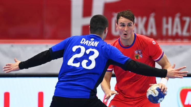 L-R Yonatan Dayan (ISR) and Stanislav Kasparek (CZE) in action during the Group 3 match of the European Handball Championship 2024 qualification: the Czech Republic - Israel, on April 30, 2023, in Polarka hall, Frydek-Mistek, Czech Republic. (CTKxPhoto JaroslavxOzana) CTKPhotoP2023043006035  CTKPhotoP2023043006035