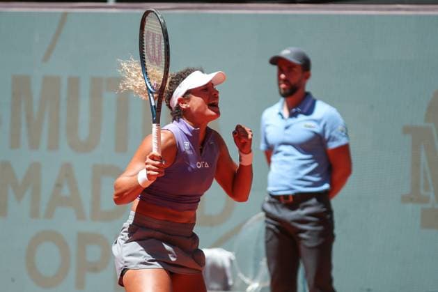 May 1, 2023, MADRID, MADRID, SPAIN: Mayar Sherif of Egypt celebrates after winning against Elise Mertens of Belgium during the Mutua Madrid Open 2023 celebrated at Caja Magica on May 01, 2023 in Madrid, Spain. MADRID SPAIN - ZUMAa181 20230501_zaa_a181_160 Copyright: xIrinaxR.xHipolitox