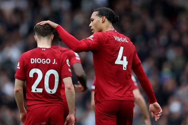 Mandatory Credit: Photo by Paul Greenwood Shutterstock (13890365ed) Diogo Jota and Virgil van Dijk of Liverpool celebrate after the fourth goal is scored Liverpool v Tottenham Hotspur, Premier League, Football, Anfield, Liverpool, UK - 30 Apr 2023 EDITORIAL USE ONLY No use with unauthorised audio, video, data, fixture lists, club league logos or live services. Online in-match use limited to 120 images, no video emulation. No use in betting, games or single club league player publications. Liverpool v Tottenham Hotspur, Premier League, Football, Anfield, Liverpool, UK - 30 Apr 2023 EDITORIAL USE ONLY No use with unauthorised audio, video, data, fixture lists, club league logos or live services. Online in-match use limited to 120 images, no video emulation. No use in betting, games or single club league player publications. Copyright: xPaulxGreenwood Shutterstockx 13890365ed