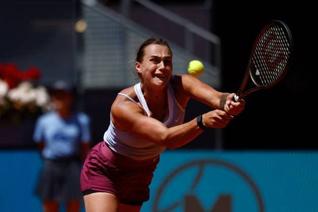 May 2, 2023, MADRID, MADRID, SPAIN: Aryna Sabalenka of Belarus in action against Mayar Sherif of Egypt during the Mutua Madrid Open 2023 celebrated at Caja Magica on May 02, 2023 in Madrid, Spain. MADRID SPAIN - ZUMAa181 20230502_zaa_a181_056 Copyright: xOscarxJ.xBarrosox