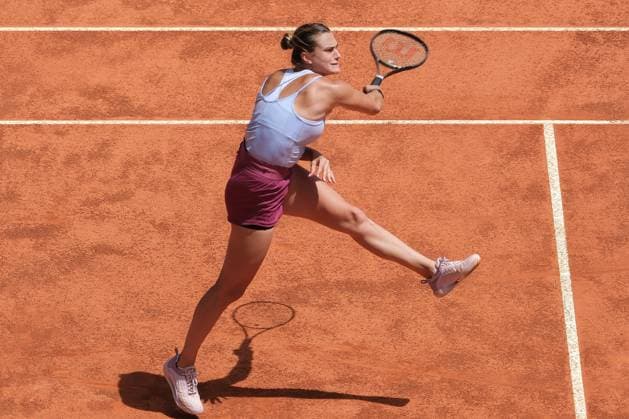 May 2, 2023, Madrid, spain, Spain: Aryna Sabalenka in action against Mayar Sherif (not in picture) of Egypt in the quarter-final on Day Nine of the Mutua Madrid Open at La Caja Magica in Madrid, Spain. Sabalenka won 6-2, 2-6, 1-6 Madrid Spain - ZUMAs197 20230502_zaa_s197_041 Copyright: xAtilanoxGarciax